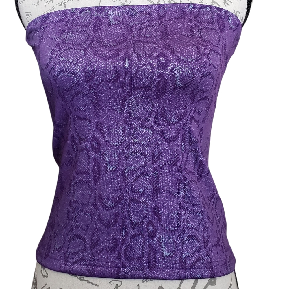 Vintage Y2K Snakeskin Print Purple Metallic Tube Top Women's Medium Strapless